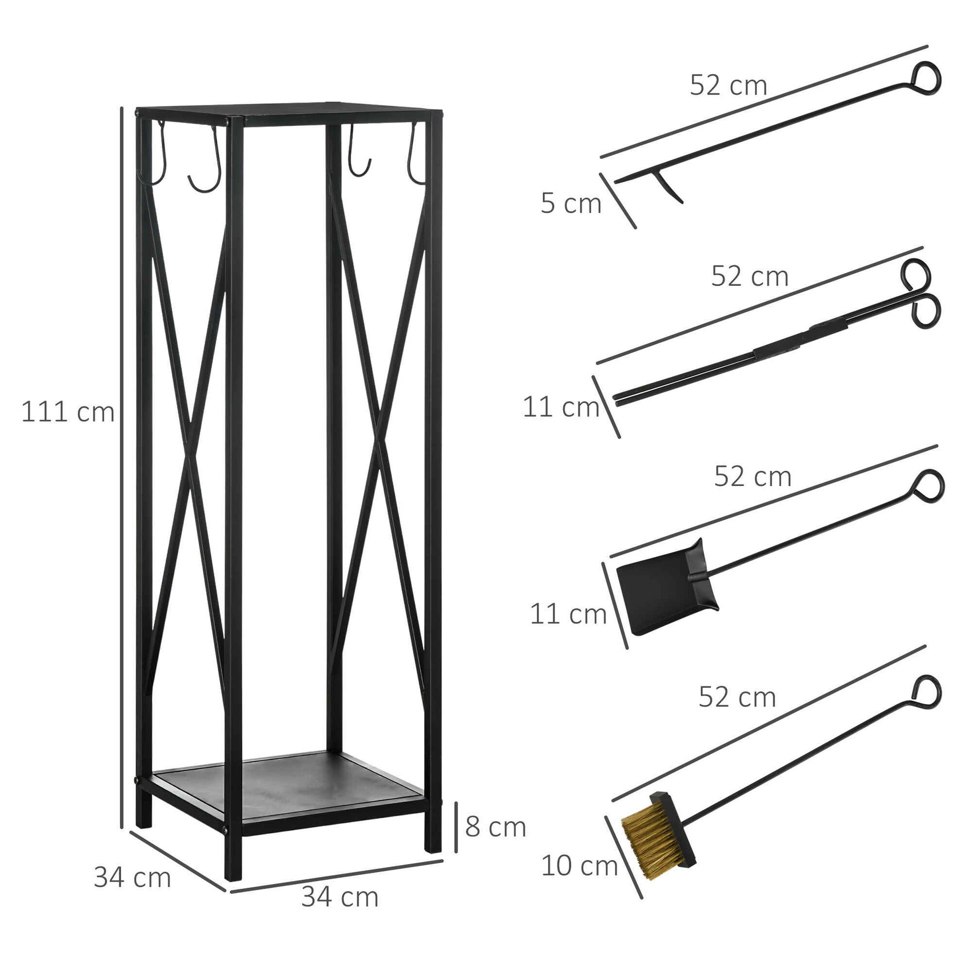 Soporte para Leña Estante de Leña Metálico Leñero de Exterior con Ganchos Pala Cepillo Atizador y Tenazas Carga 65 kg 34x34x111 cm Negro