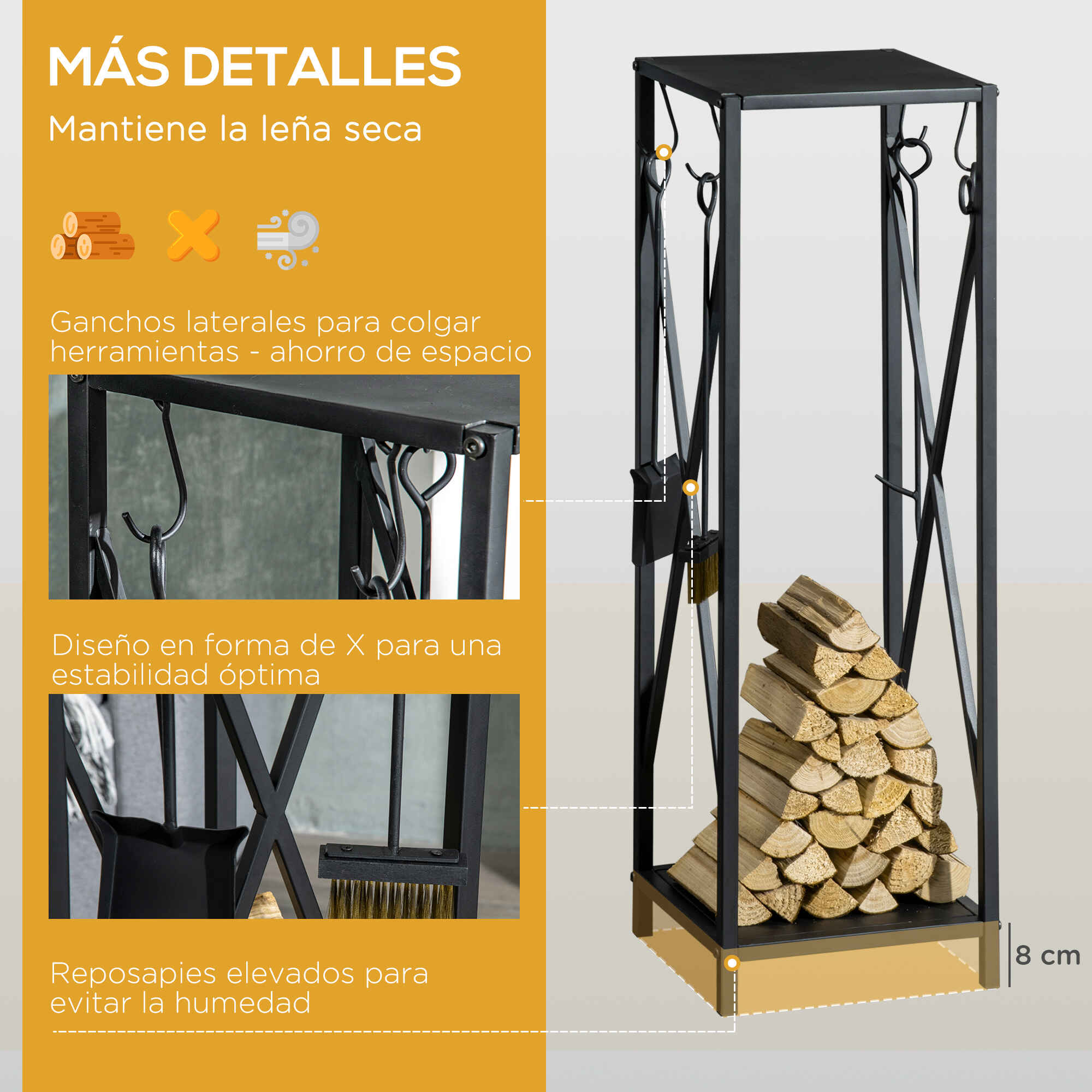 Soporte para Leña Estante de Leña Metálico Leñero de Exterior con Ganchos Pala Cepillo Atizador y Tenazas Carga 65 kg 34x34x111 cm Negro