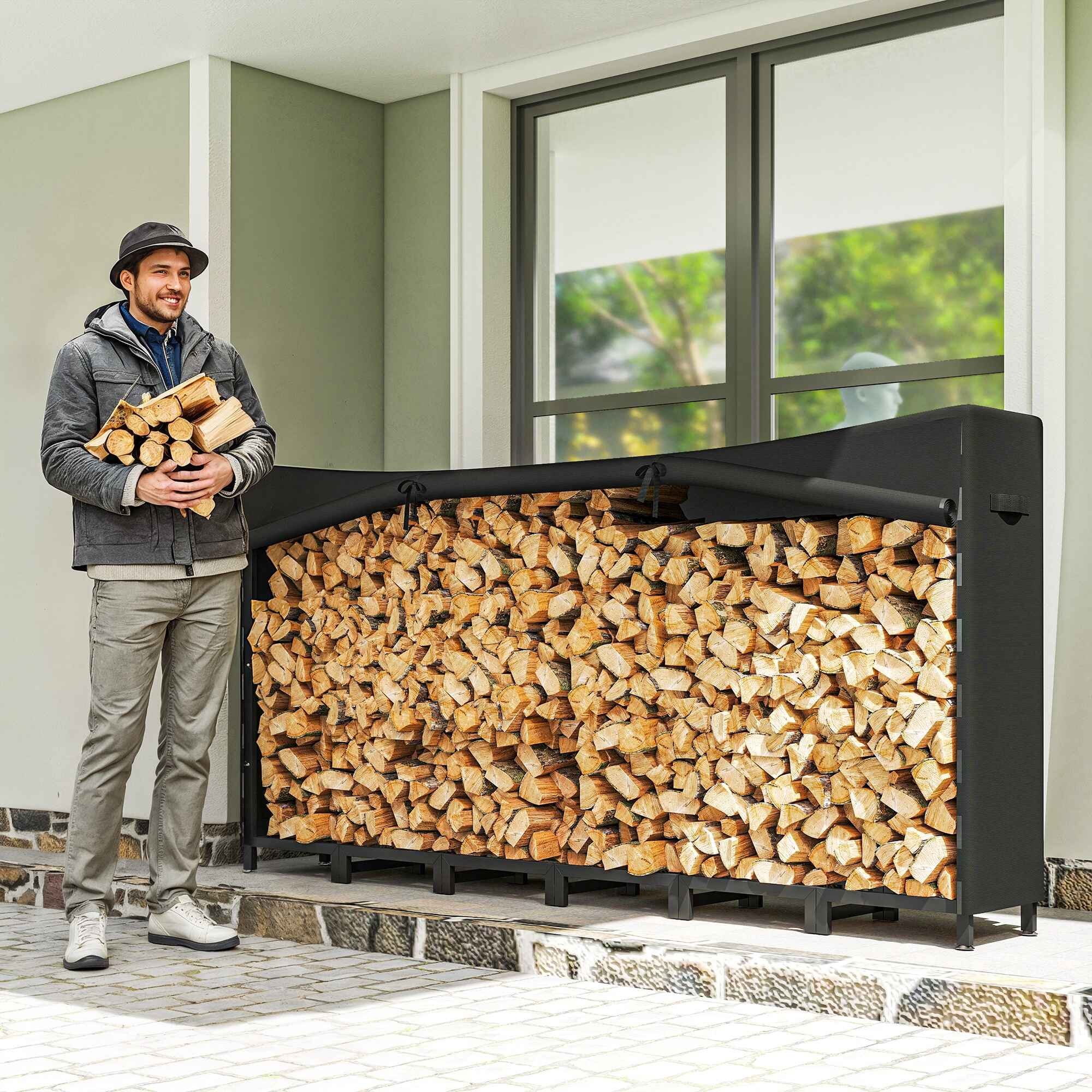 Estante de Leña Metálico, 235x31x116 cm, Leñero Exterior con Cubierta Impermeable 600D , Marco de Acero y Cadenas de Acero, Soporte para Leña de Chimenea, Almacenaje para Madera, Negro