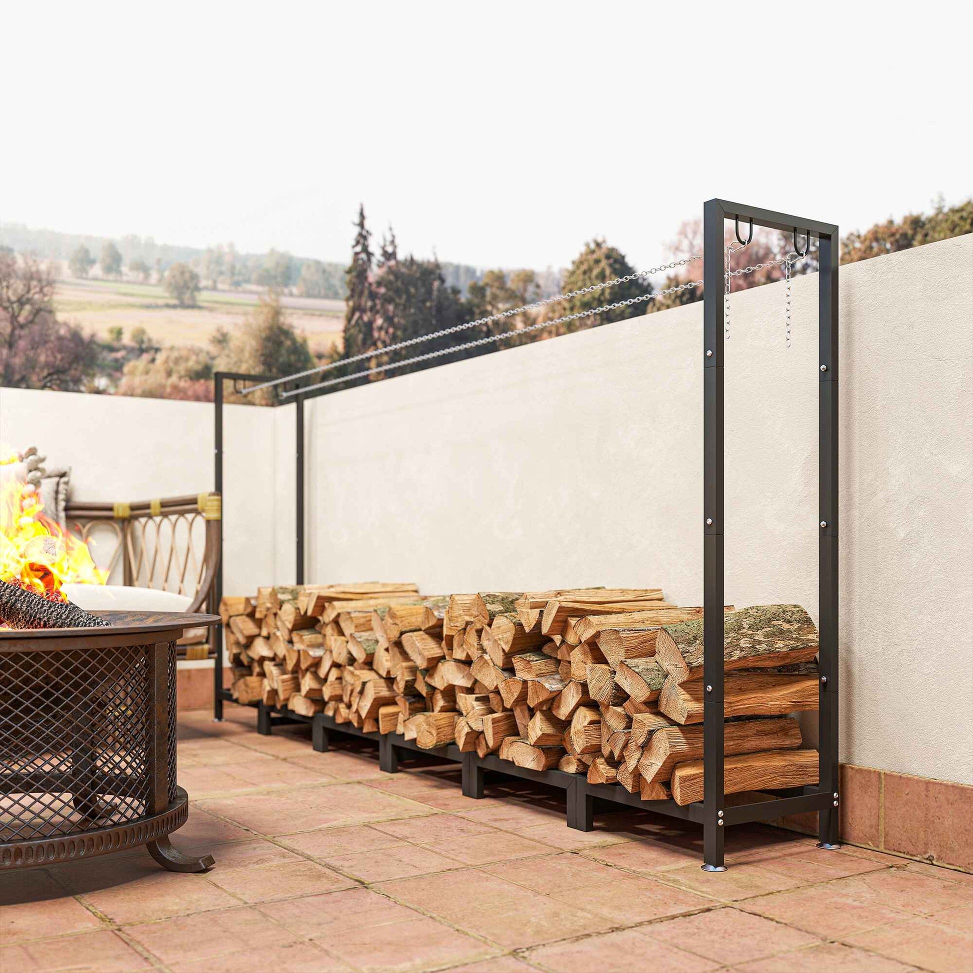 Estante de Leña Metálico, 235x31x116 cm, Leñero Exterior con Cubierta Impermeable 600D , Marco de Acero y Cadenas de Acero, Soporte para Leña de Chimenea, Almacenaje para Madera, Negro