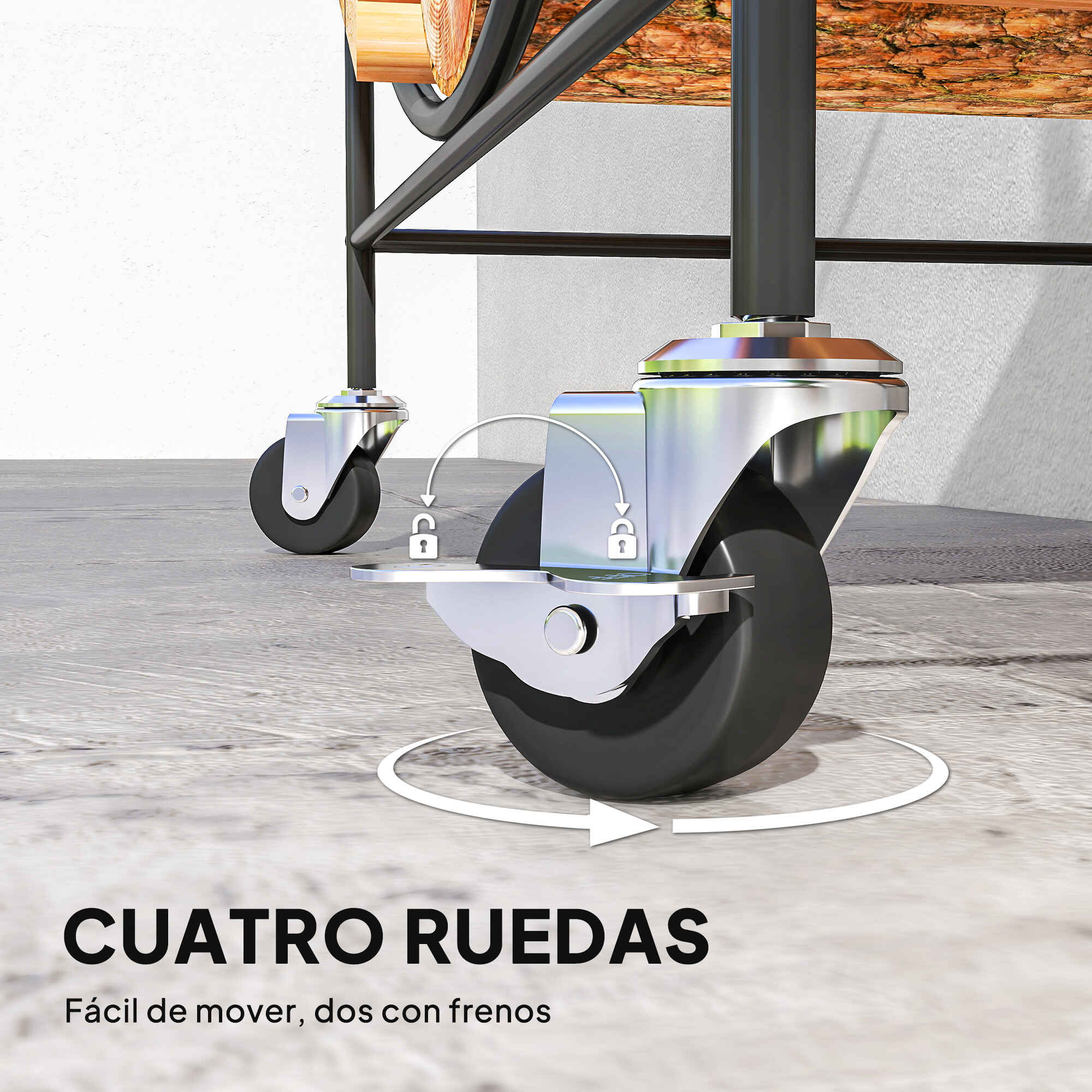 Estante de Leña de Metal con Ruedas, 51x30x60 cm, Leñero Exterior e Interior, Soporte para Leña de Chimenea, Almacenamiento para Madera, Negro