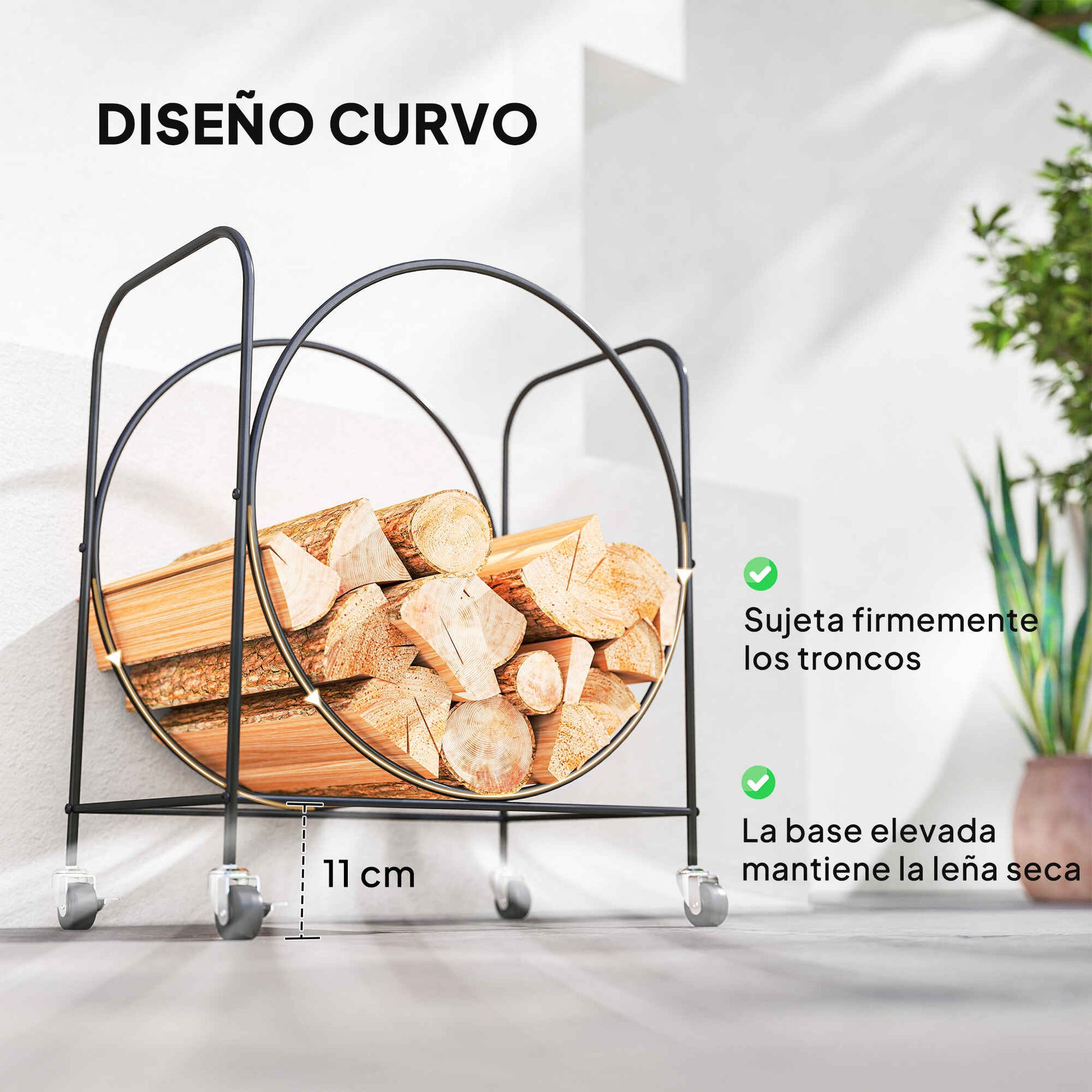 Estante de Leña de Metal con Ruedas, 51x30x60 cm, Leñero Exterior e Interior, Soporte para Leña de Chimenea, Almacenamiento para Madera, Negro