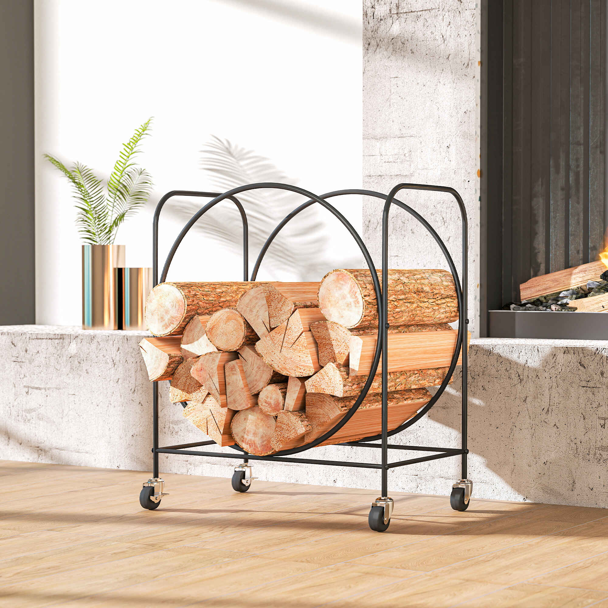Estante de Leña de Metal con Ruedas, 51x30x60 cm, Leñero Exterior e Interior, Soporte para Leña de Chimenea, Almacenamiento para Madera, Negro