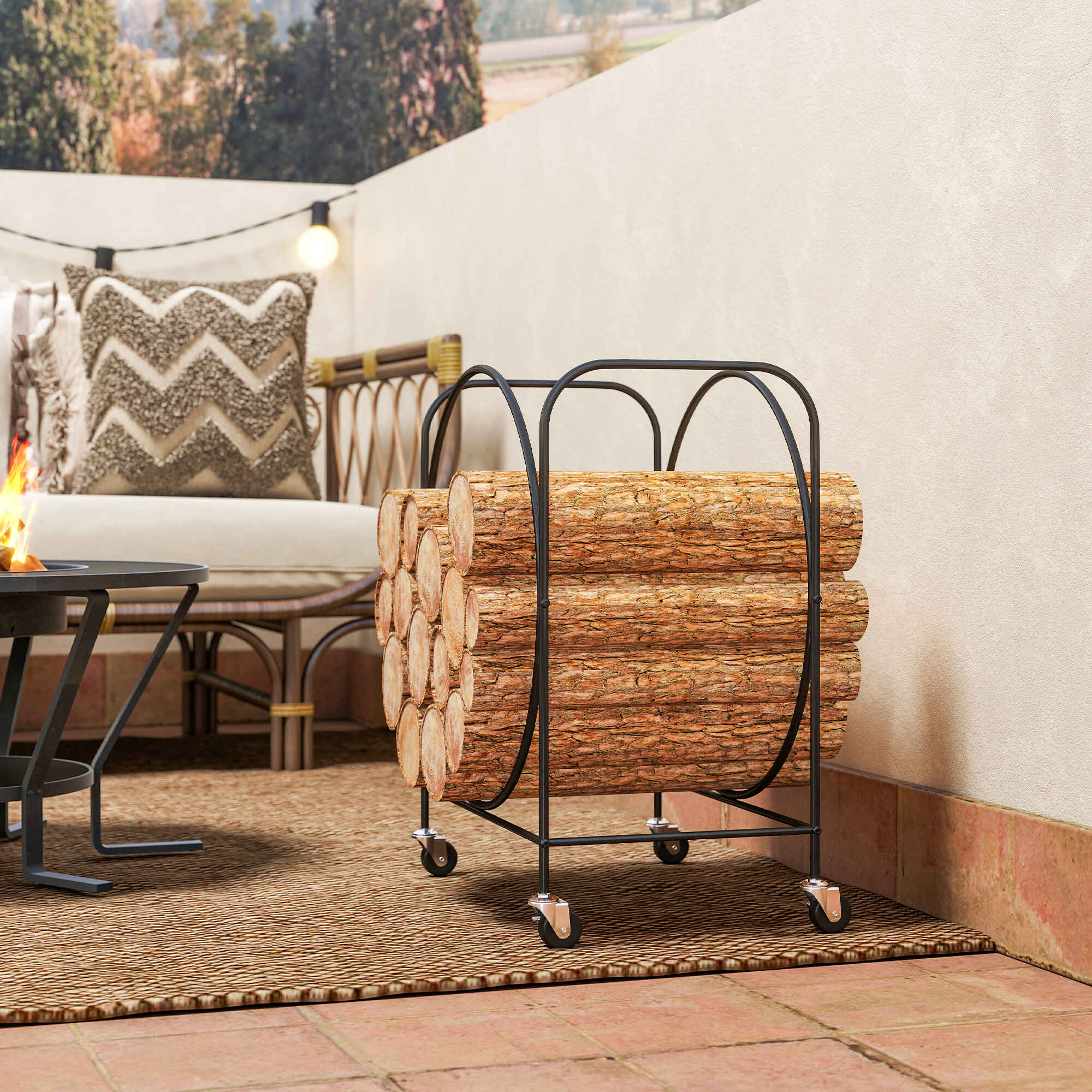 Estante de Leña de Metal con Ruedas, 51x30x60 cm, Leñero Exterior e Interior, Soporte para Leña de Chimenea, Almacenamiento para Madera, Negro