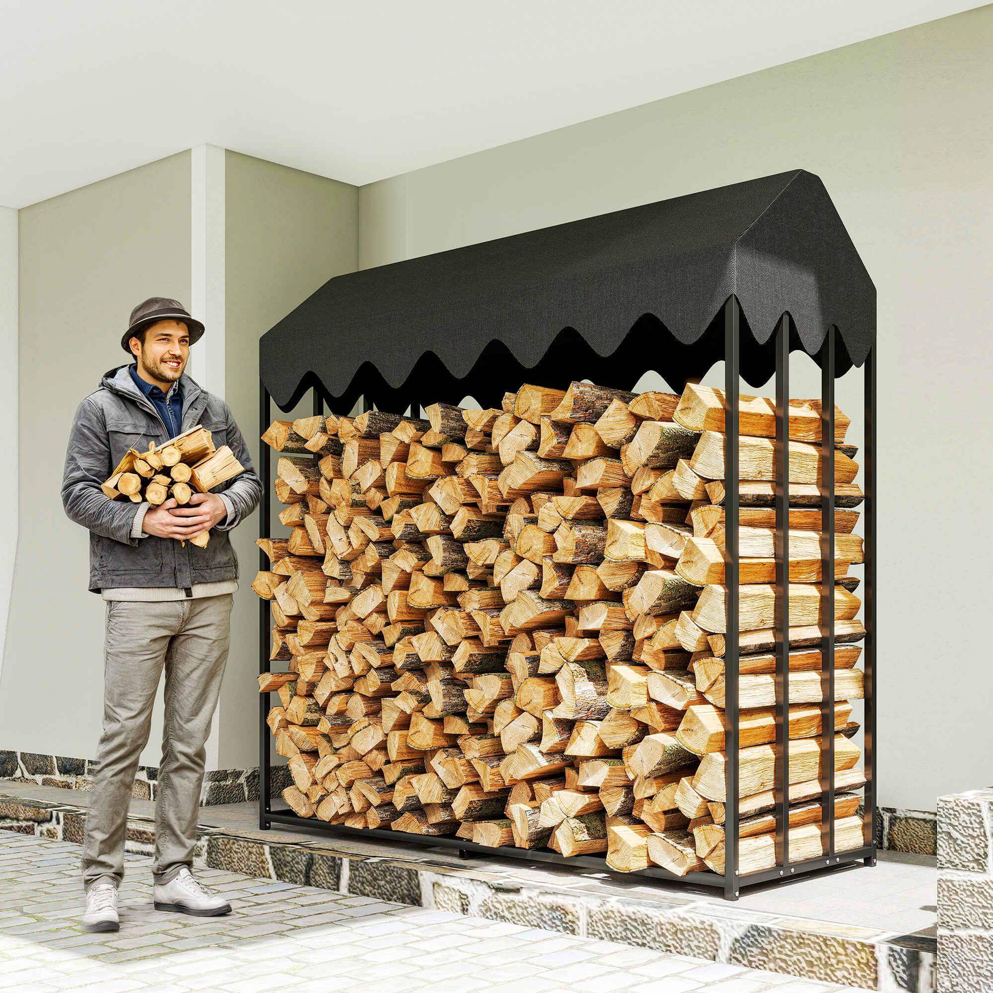Estante de Leña Metálico, 186x70x185 cm, Leñero Exterior con Cubierta Impermeable 600D , Marco de Acero, Soporte para Leña de Chimenea, Carga 300 kg, para Jardín, Terraza