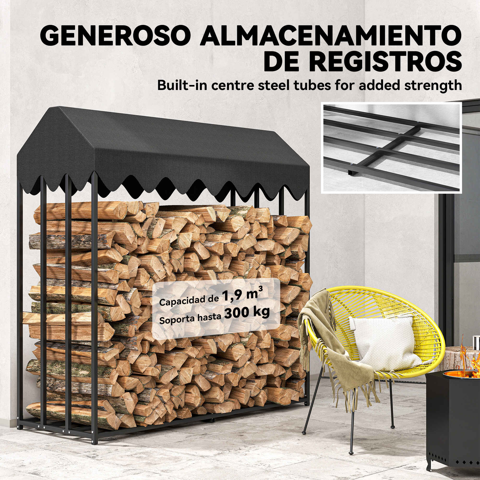 Estante de Leña Metálico, 186x70x185 cm, Leñero Exterior con Cubierta Impermeable 600D , Marco de Acero, Soporte para Leña de Chimenea, Carga 300 kg, para Jardín, Terraza