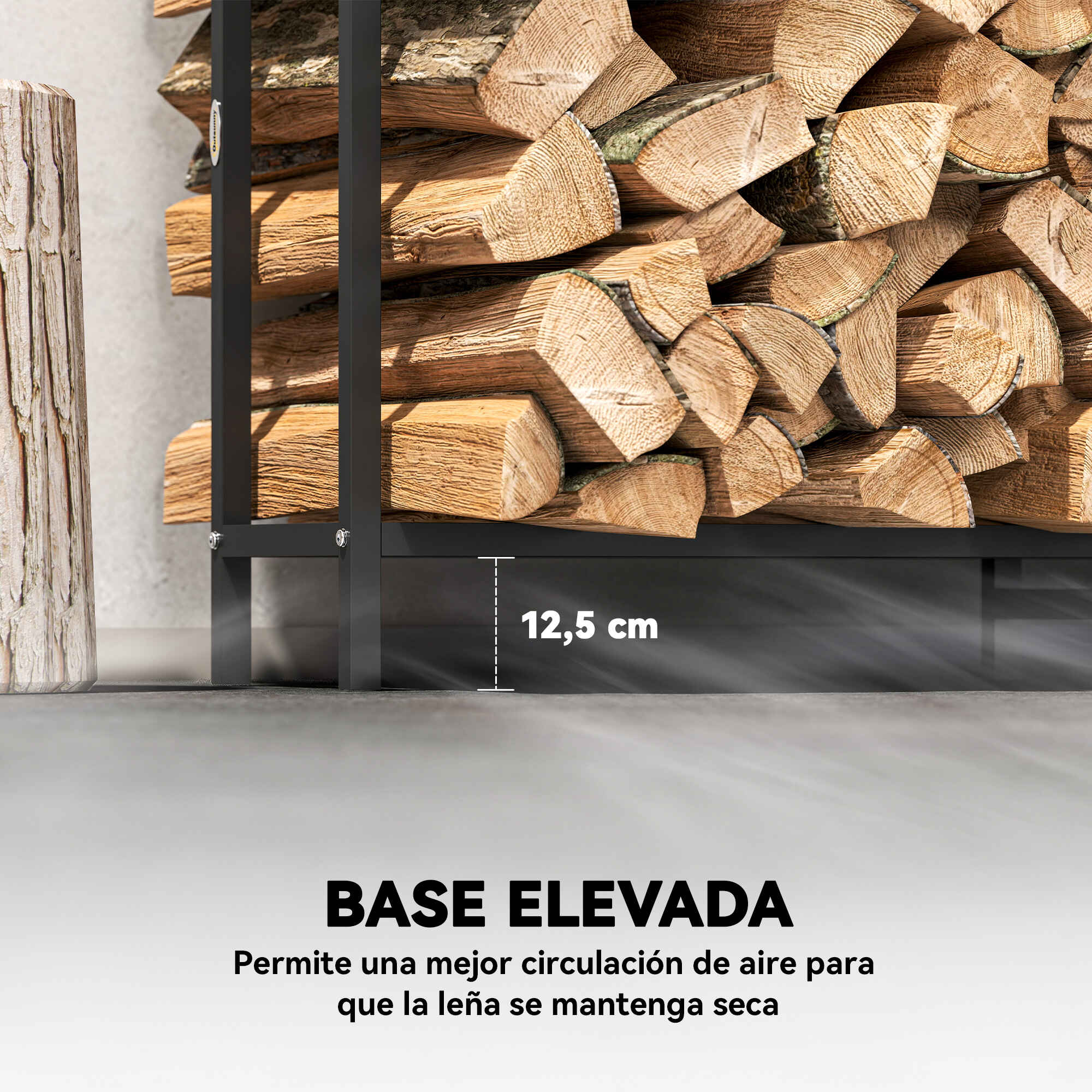 Estante de Leña Metálico, 199x30x121 cm, Leñero Exterior con Marco de Acero, Patas Extra Reforzadas y Diseño Recortado de Fogata, Soporte para Leña de Chimenea, Carga 300 kg, para Jardín