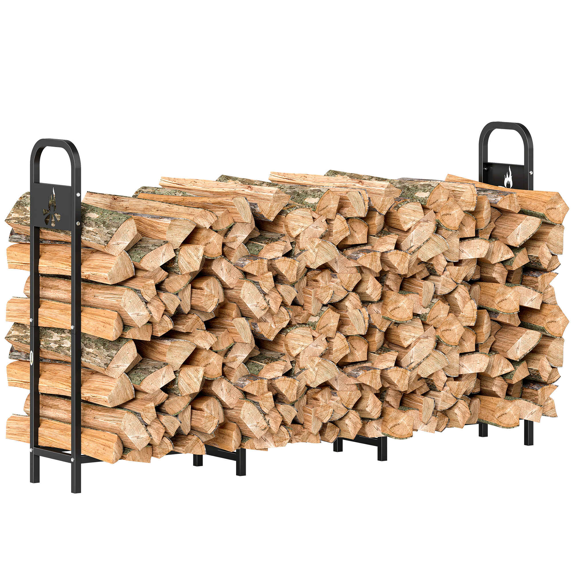 Estante de Leña Metálico, 199x30x121 cm, Leñero Exterior con Marco de Acero, Patas Extra Reforzadas y Diseño Recortado de Fogata, Soporte para Leña de Chimenea, Carga 300 kg, para Jardín